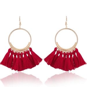 Long Tassel Fringe Boho Earrings ~ RED